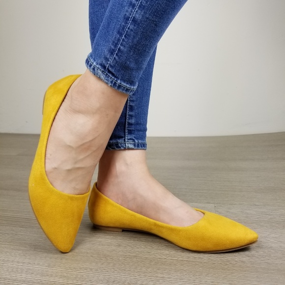 Mustard Yellow Vegan Suede Pointy Toe Flat Shoes - Picture 3 of 8